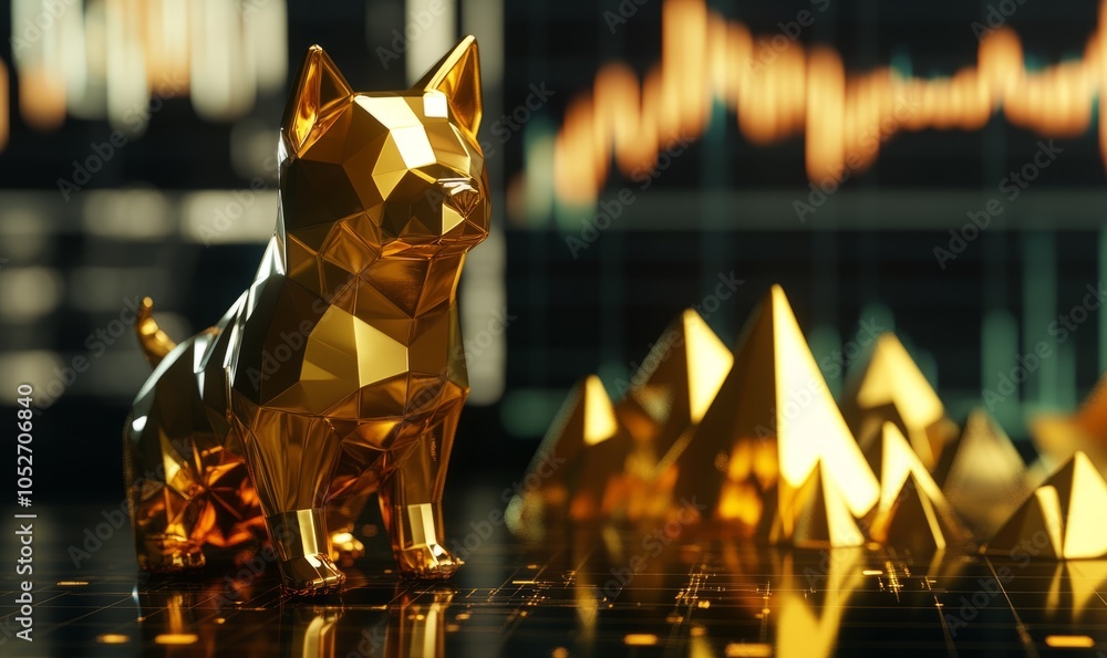Poster gold dog icon on the background of positive finance graph statistics, the image is made with the hel
