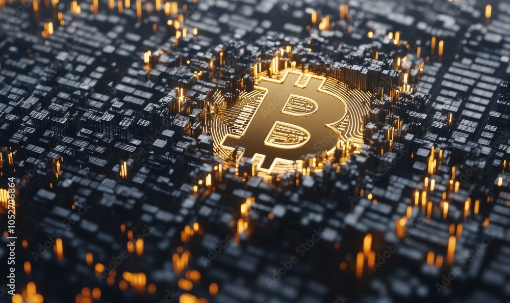 Poster gold bitcoin icon on the background of positive finance graph statistics, the image is made with the