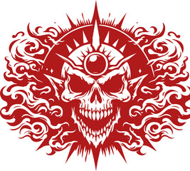 Fiery Demonic Skull with Crown in Intricate Red and White Vector Art Style