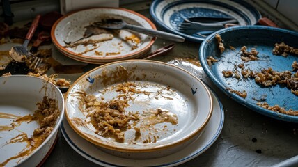 Kitchen counter with dirty plates, bowls, and cooking remnants in home setting