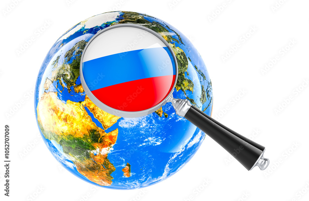 Poster russian flag under magnifying glass with earth globe, 3d rendering isolated on transparent backgroun