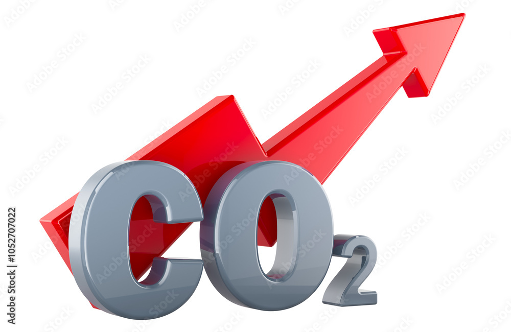 Poster carbon dioxide emission increase, co2 with red arrow growth up. 3d rendering isolated on transparent
