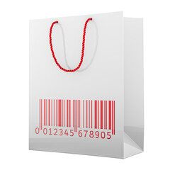 Shopping bag with barcode label. 3D rendering isolated on transparent background