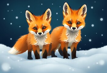 Obraz premium two small cute foxes in the snow,illustration,animals in the snow
