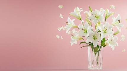 Naklejka premium A white-filled glass vase perched atop a pink table, alongside another vase brimming with white blossoms