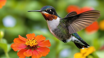 Fototapeta premium A Vibrant Hummingbird in Flight Over an Orange Zinnia