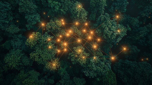 A breathtaking aerial image of lush green treetops overlaid with a glowing, intricate network that symbolizes connectivity and technological harmonization with nature.