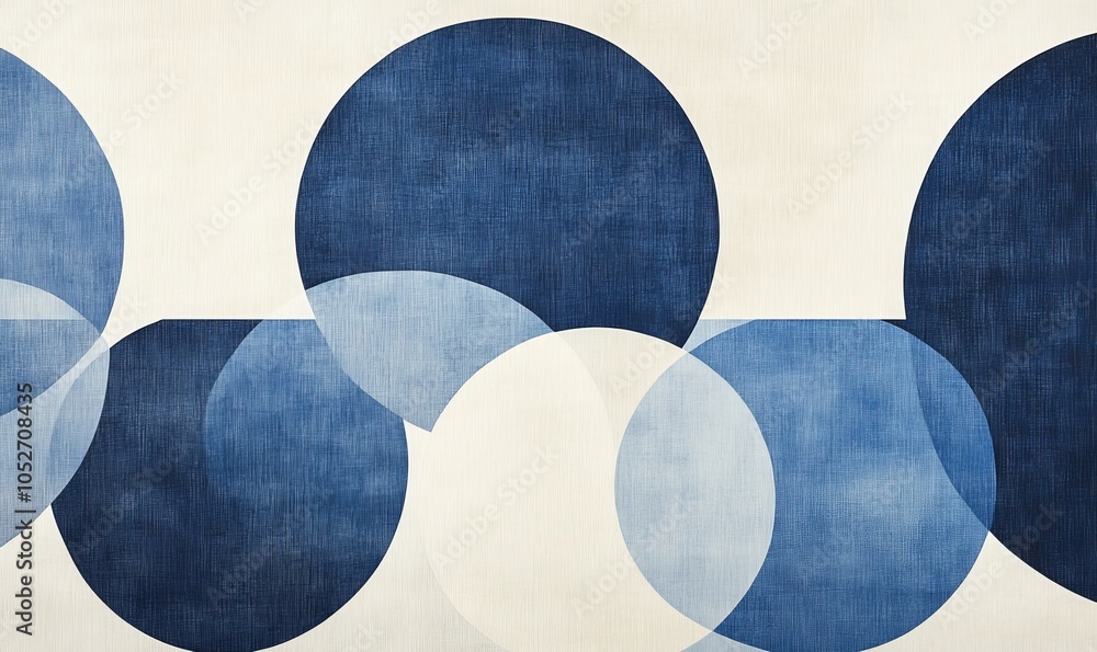 Poster a minimalistic design featuring overlapping circles in blue and white tones, creating a serene and m