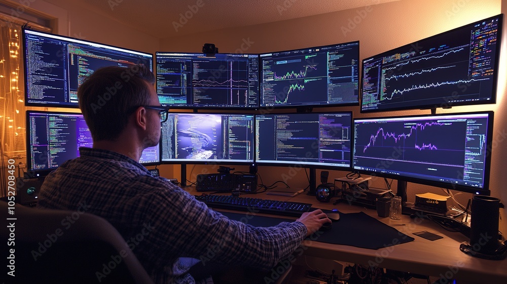 Poster professional setup with multiple monitors for data analysis