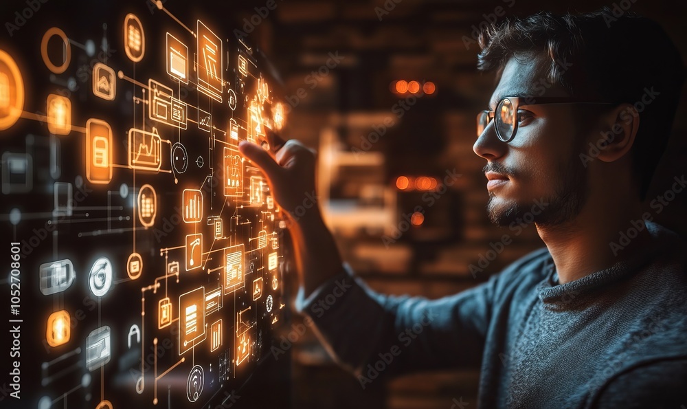 Poster a man is holding a hand up to a screen that shows a network of icons