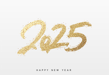 Happy New Year written number golden glitter 2025. Gold glittered 2025 text in a bold, hand painted style on a white background. Vector illustration
