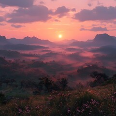 A breathtaking sunset casts a warm glow over a misty valley, with rolling hills and silhouetted mountains in the background. Vibrant pink and orange hues fill the sky.