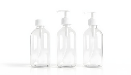 Three Clear Plastic Bottles With White Caps and Pumps on a White Background isolated with white highlights, png