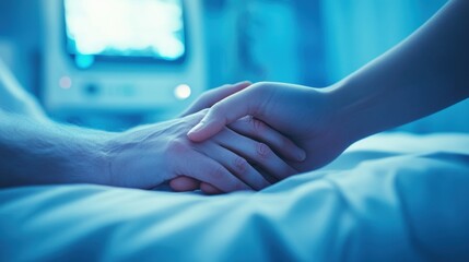 A comforting hand holds another in a hospital room, symbolizing support and care, AI