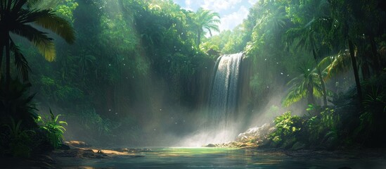 A scenic waterfall cascades down a rocky cliff, creating a tranquil pool in the lush, tropical jungle. Sunlight filters through the dense foliage, illuminating the mist rising from the water.