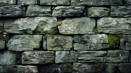 Naklejka premium Natural Green Stone Wall Texture with Moss and Aged Cracks