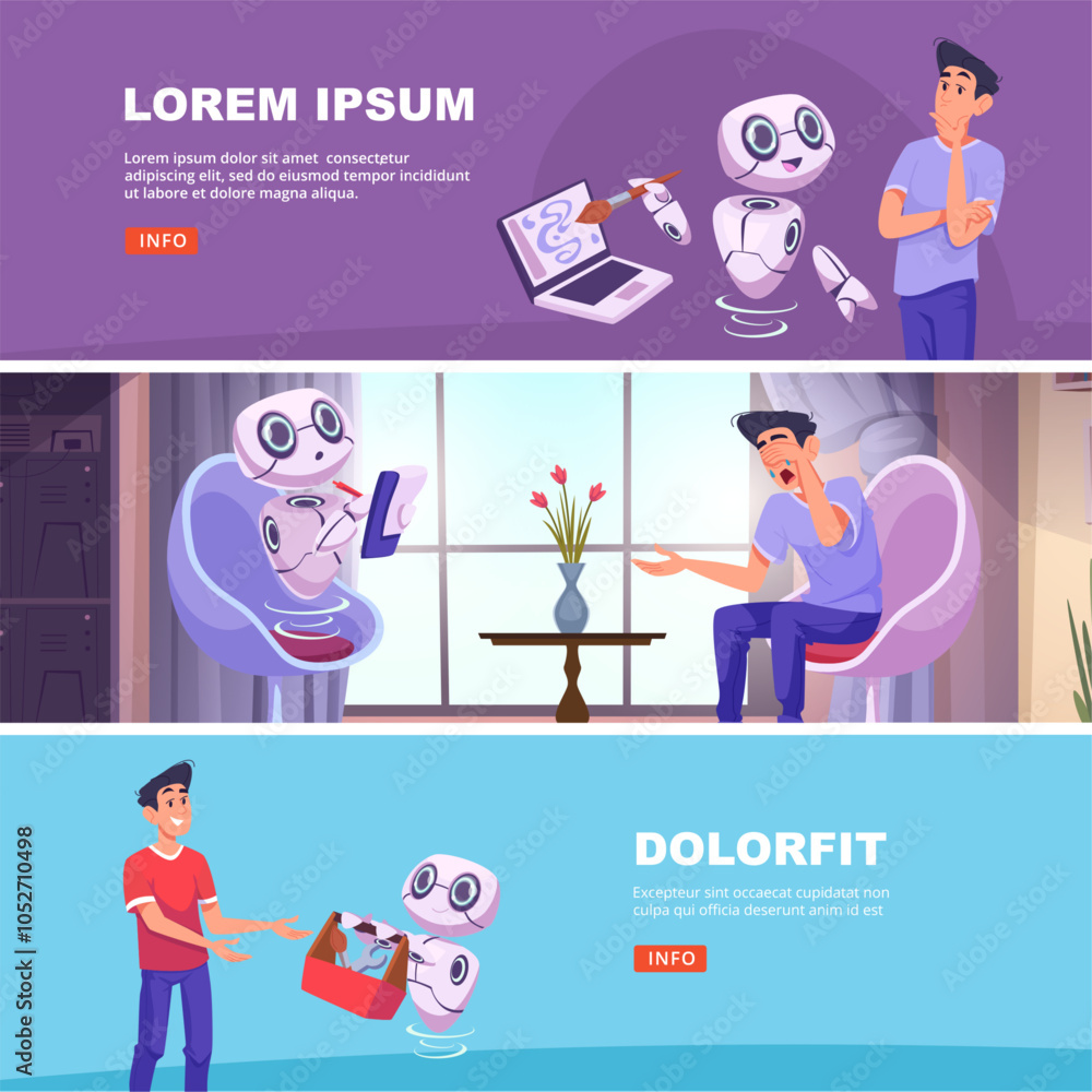 Poster smart bot. ai talking and helping people kw vector banners template with conversation from smart int