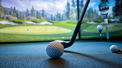 A golf club rests on a golf ball in front of a simulator, ready to hit the next shot