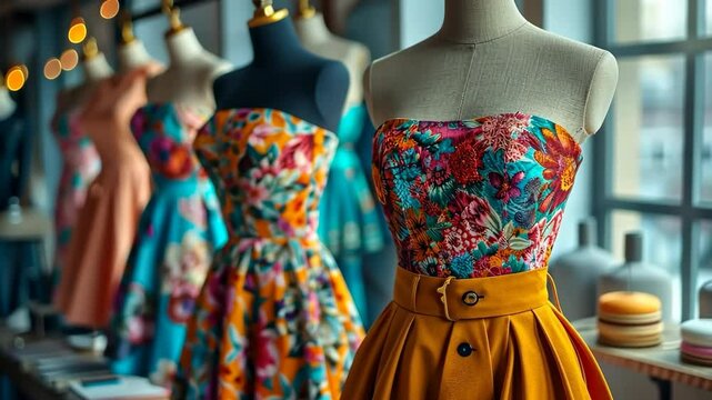 Fashionable dresses hang elegantly on display in a luxury boutique, offering a colorful assortment for shoppers