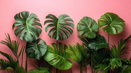 Obraz premium Lush green tropical leaves against a pink background.