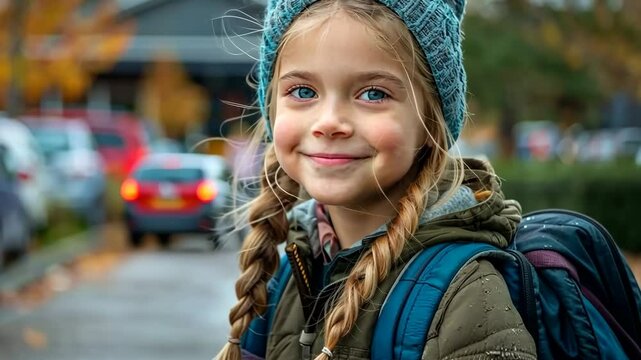 A cheerful young girl with a hat and backpack enjoys the outdoors, radiating joy and happiness