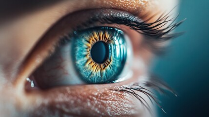 Close-up of a vibrant blue eye with intricate details and long eyelashes, AI