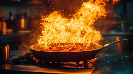 Flames erupt from a frying pan while cooking in a busy kitchen at night