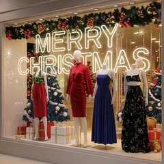 Elegant holiday shopping window display with mannequins dressed in formal party attire and a glowing "MERRY CHRISTMAS" neon sign.