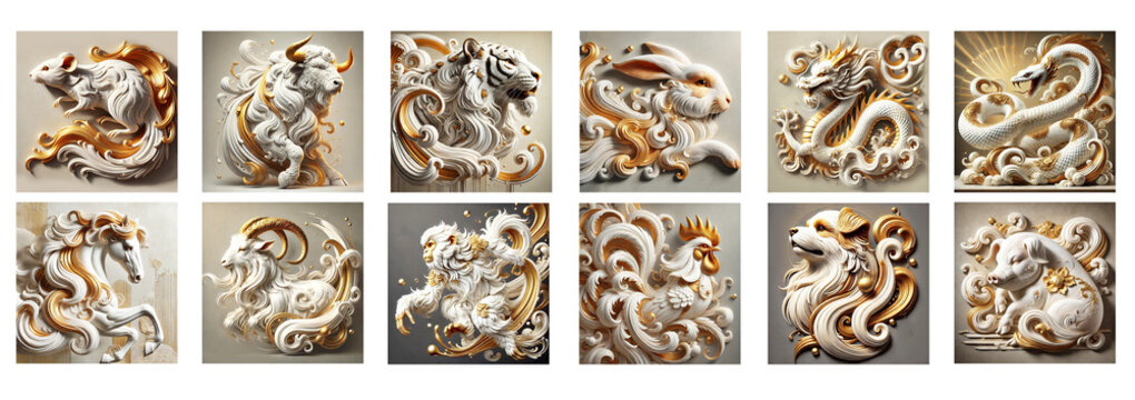 chinese zodiac animals signs isolated in artistic 3D style and effect of oil brush painting, china astrology concept
