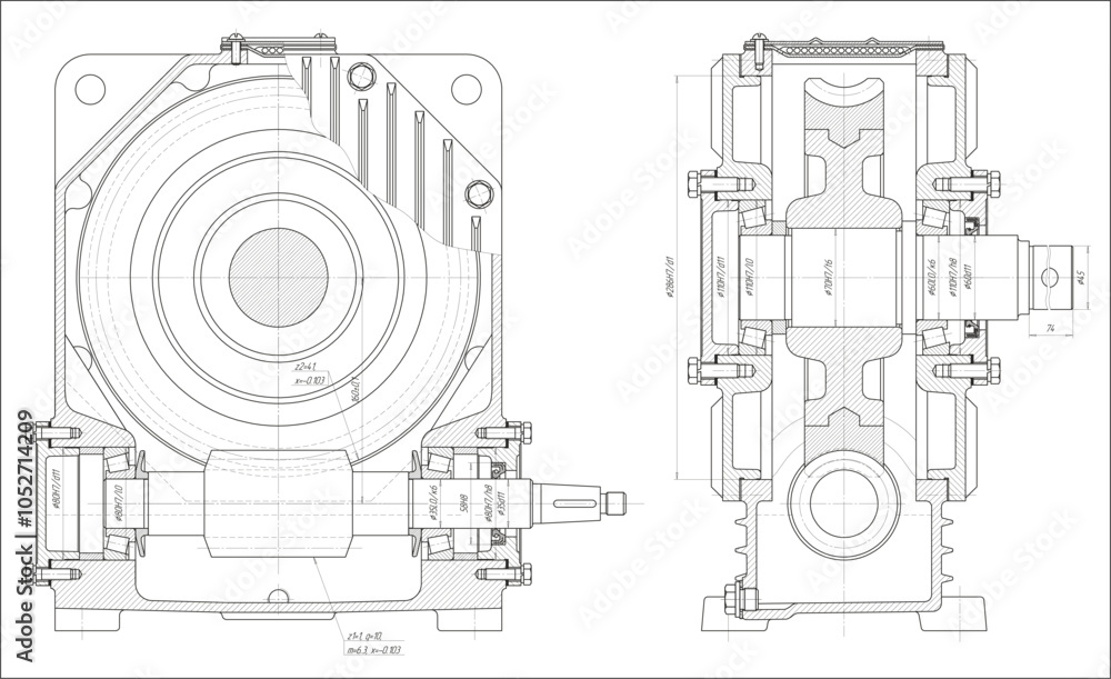 Poster assembly drawing of electrical reducer. vector design of steel mechanical device with shaft, worm ge