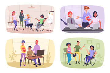 Inclusive workers. Disability people at working place connection with other persons exact vector inclusivity concept illustrations