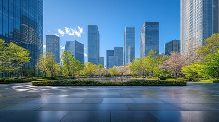 Modern cityscape with green trees and reflecting pool in the foreground.