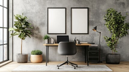 Modern Minimalist Home Office Interior with Plants and Desk