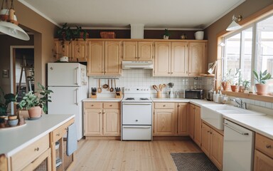 Fototapeta premium A kitchen with white appliances, wooden cabinets, and a farmhouse sink.