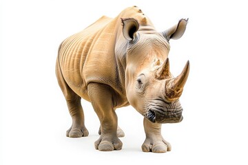 Fototapeta premium The rhinoceros stands in a pristine environment, showcasing its distinctive features and muscular build. This majestic creature highlights the beauty of wildlife with no distractions around.