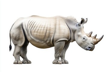 Obraz premium A rhinoceros is positioned centrally, highlighting its robust body and distinct features in a well-lit setting. The animal exemplifies strength and resilience in nature.