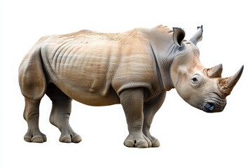 Fototapeta premium A rhinoceros stands alone, showcasing its massive form and distinctive horns. The bright daylight enhances its features, highlighting its textured skin and robust body.