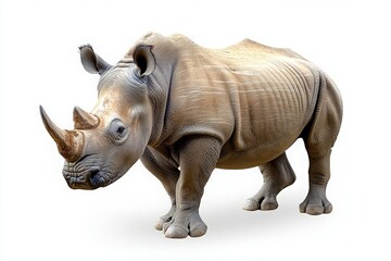Obraz premium A rhinoceros stands isolated against a plain background, showcasing its distinct features and solid build during daylight. The animal appears calm, embodying the majesty of wildlife.