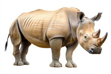 Obraz premium A rhinoceros stands prominently in the center, showcasing its distinct features. The animal appears calm and alert, highlighting its robust physique and characteristic horn.