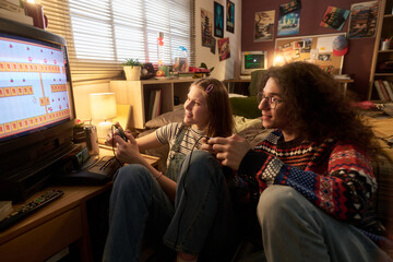 Two friends playing video games in a cozy, well-decorated bedroom with various retro posters on the wall and warm natural light streaming through the window