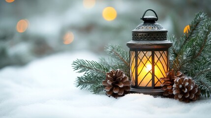 Rustic lantern and pine cones on snowy evergreen branches with warm glowing light