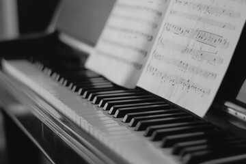 A close-up view captures the smooth keys of a piano alongside neatly arranged sheet music on a...