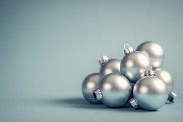 A collection of shiny silver baubles rests in a pile against a clean, solid background, showcasing their reflective surfaces and festive appeal for holiday decor.