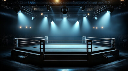 A dimly lit, empty wrestling ring with ropes, turnbuckles, and a mat, surrounded by darkness, spotlight shining down, awaiting the intense battle to come