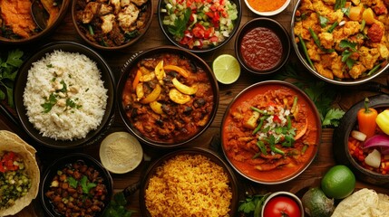 Colorful Variety of Indian Cuisine Spread on Wooden Table