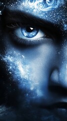 Naklejka premium Close-up of a woman's eye with sparkling makeup, creating a celestial effect.