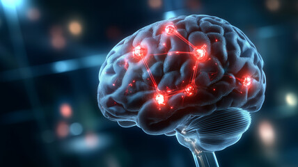 Illuminated brain diagram shows signs of stroke, dementia, and illness, highlighting affected areas in red, representing cognitive decline and memory loss in elderly healthcare