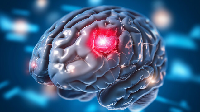 Illuminated brain diagram shows signs of stroke, dementia, and illness, highlighting affected areas in red, representing cognitive decline and memory loss in elderly healthcare