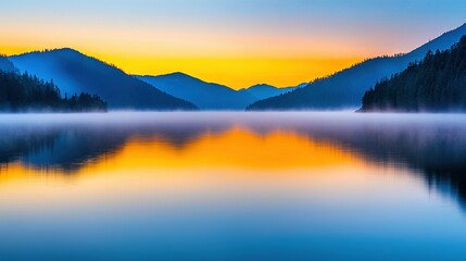 Obraz premium A serene image of a water body surrounded by majestic mountains against a backdrop of vibrant blue and golden yellow skies