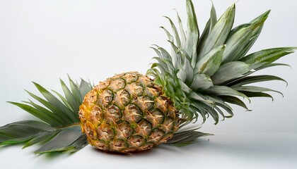 Fototapeta premium A full pineapple laying on its side with the leaves gently fanning out, positioned slightly 